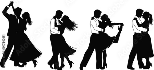 Romantic dancing couple silhouettes performing ballroom dance poses showing love elegance and partnership illustration set