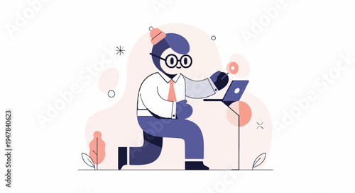 Stylized cartoon person in glasses, tie, and hat working on a laptop