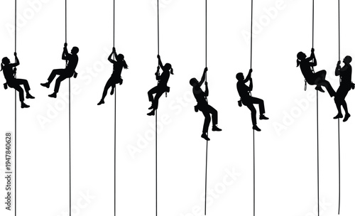 Silhouette set of industrial rope access workers climbing safety ropes performing rescue maintenance work isolated on white background