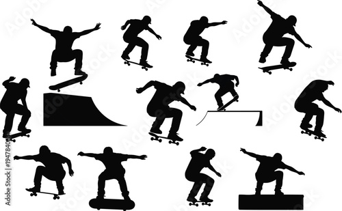 Skateboarder silhouettes performing jumps tricks and stunts isolated set showing skateboarding action poses extreme sport urban lifestyle illustration
