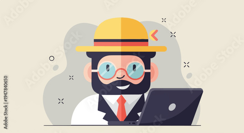 Stylized cartoon of a man with a hat and glasses working on a laptop