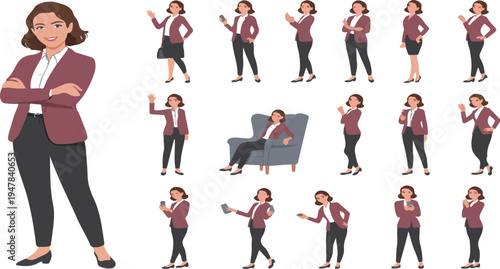 Big set of business young woman wearing formal outfit in various poses gestures standing and sitting in armchair vector illustrations