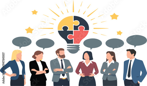 Teamwork and collaboration concept vector illustration with business people discussing ideas around puzzle light bulb symbolizing innovation