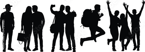 Young people silhouettes posing taking selfie walking and jumping showing friendship travel and lifestyle illustration set