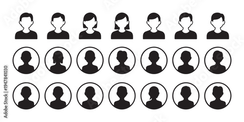 Set of male and female user profile icons in black and white for social network or business applications