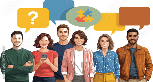 Teamwork and collaboration concept vector illustration with business people discussing ideas around puzzle light bulb symbolizing innovation