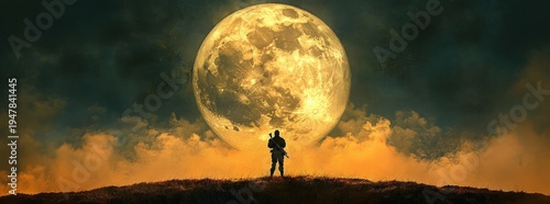 silhouetted soldier on grassy ridge beneath an enormous golden full moon and glowing clouds, a solitary and awe-filled night scene