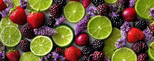 Wallpaper Mural Vibrant Assortment of Fresh Berries, Sliced Limes, and Purple Flowers. Torontodigital.ca