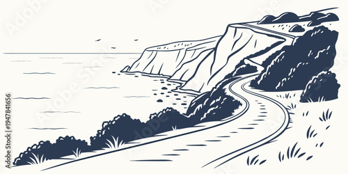 A winding road through a mountainous landscape Vector