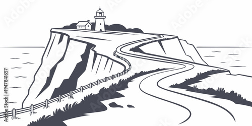 A black and white drawing of a lighthouse on a cliff Vector