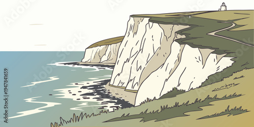A large white cliff next to blue ocean Vector