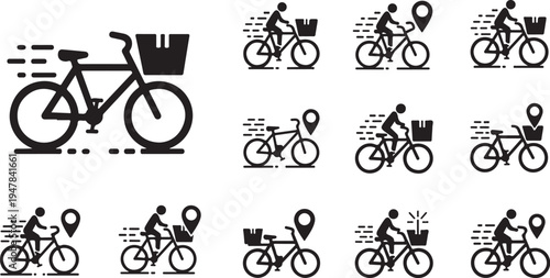 Bicycle Delivery Icons with Rider and Map Pin Symbols