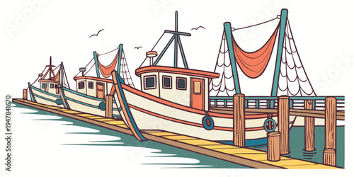 A fishing boat is docked at a pier Vector