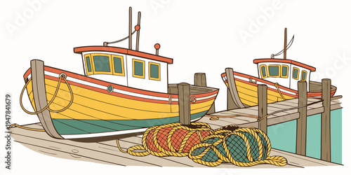 Two boats are docked at a pier with fishing nets Vector