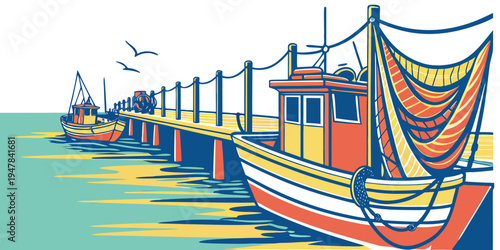 A colorful fishing boat docked at a pier Vector
