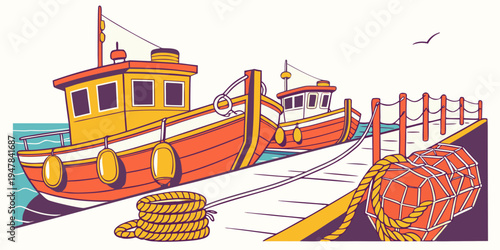 A fishing boat sitting on a dock with a pile of nets Vector