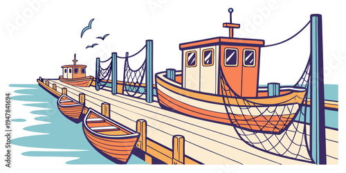 A dock with several boats moored alongside Vector