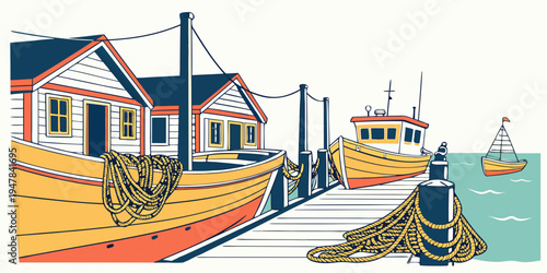 Fishing boats are docked at a pier by the sea Vector