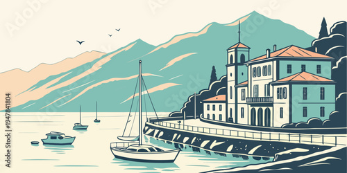 A picturesque seaside village with boats and buildings Vector