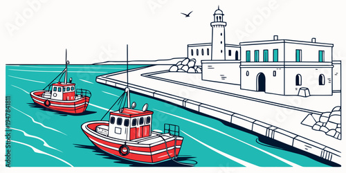 Two red boats are docked at a pier near a lighthouse Vector