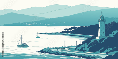 A lighthouse on a rocky coastline by the sea Vector