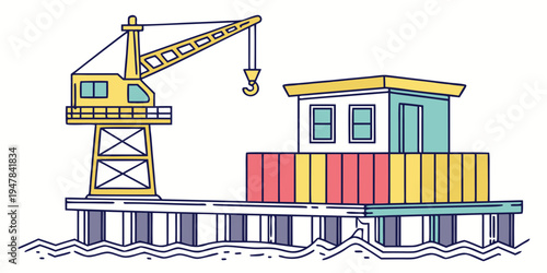 A crane on a pier with a house and shipping containers Vector