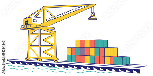 Cargo ship with containers and crane on deck Vector