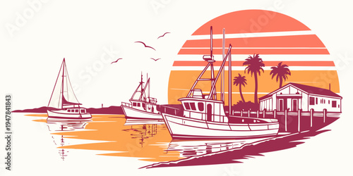 A serene harbor scene at sunset with boats and palm trees Vector