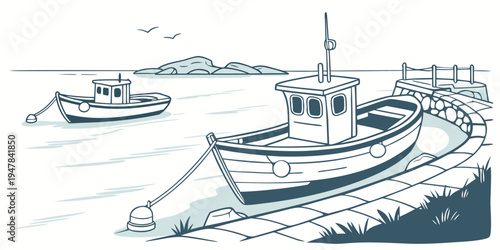 A boat is sitting on the shore with another boat in the background Vector