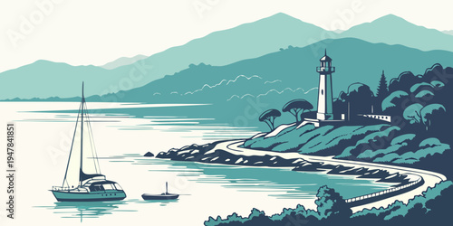A serene coastal scene with a lighthouse and a sailboat Vector