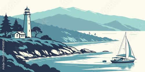 A serene lighthouse scene with a sailboat on the water Vector