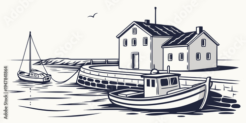 A boat is docked next to a house on the water Vector