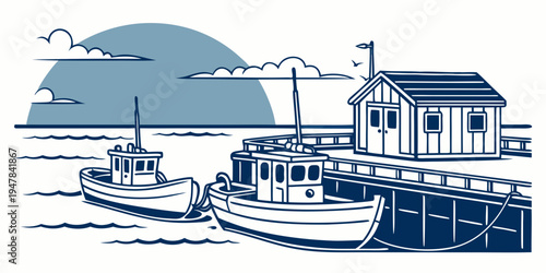 A blue and white drawing of a boat dock with a building Vector