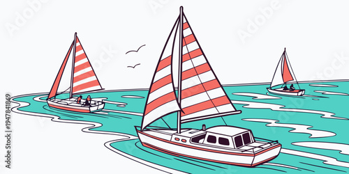 Sailboats with red and white striped sails on the water Vector