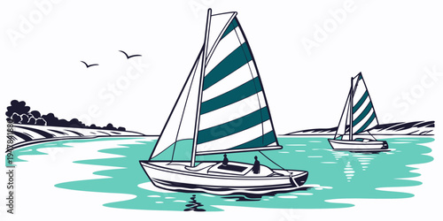 Two sailboats on the water with birds flying overhead Vector