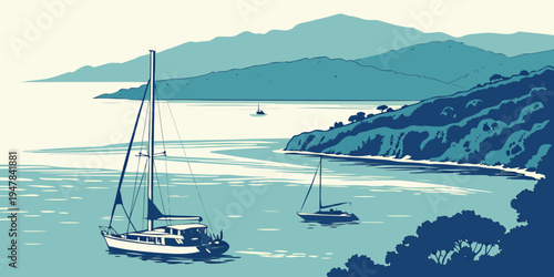 Sailing boats on a serene lake with mountains Vector