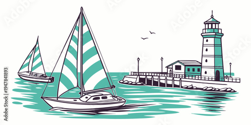 A sailboat and lighthouse by the dock on a sunny day Vector