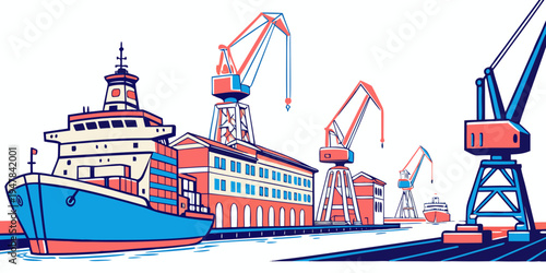 A large cargo ship docked at a port with cranes Vector