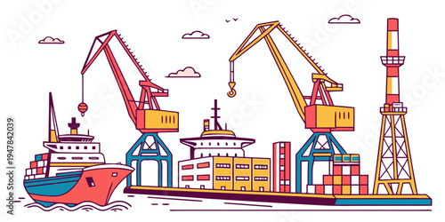 A cargo ship with cranes and containers at a port Vector