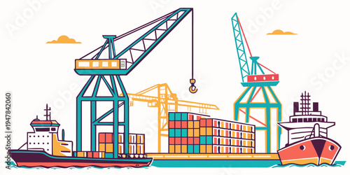 Cargo ships and cranes at a port facility Vector