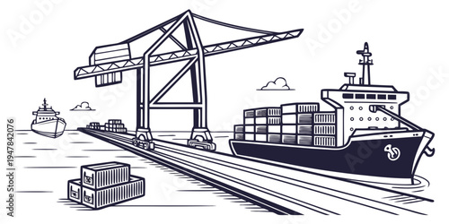 A cargo ship is docked at a port with containers Vector