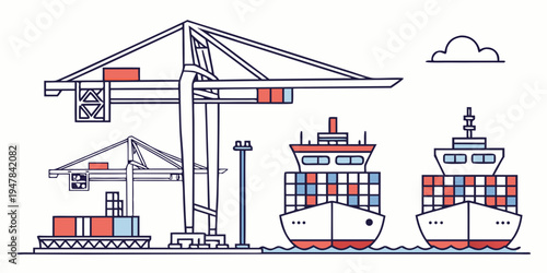 A cargo ship and cranes at a shipping port Vector