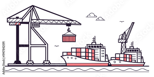 A cargo ship with containers being loaded by a crane Vector
