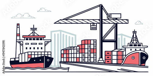 A cargo ship and crane at a port with containers Vector