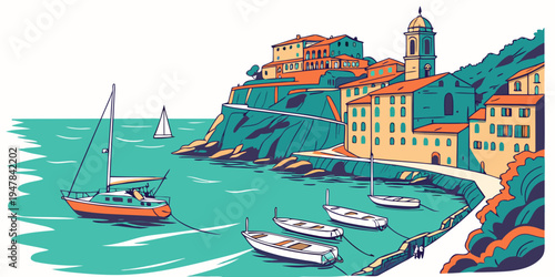 A colorful pixel art of a coastal town with boats Vector