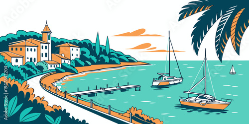 A colorful illustration of a tropical bay with boats and a church Vector