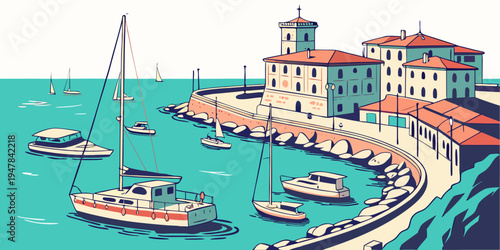 A picturesque harbor with boats and buildings Vector
