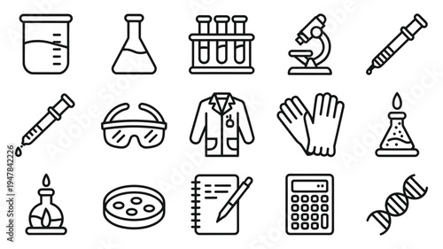 minimalist laboratory equipment and science research line icon set featuring a microscope, beaker, flask, test tubes, dna helix, lab coat, safety goggles, and bunsen burner on white background, clean 