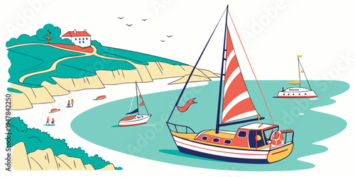 A sailboat floats on the water near a coastline Vector