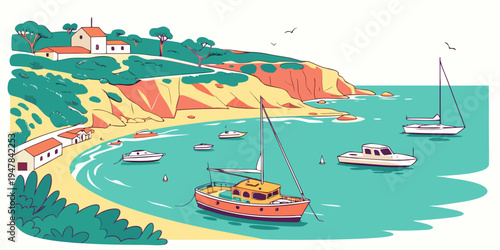 Sailboats moored in a picturesque bay Vector